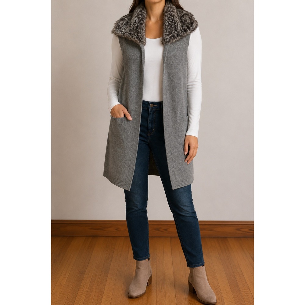 Banana Republic Gray Merino Wool Longline Cardigan Vest Medium Faux Fur Collar